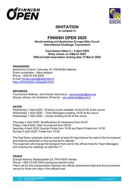 Invitation – Finnish Open 2020 – Final