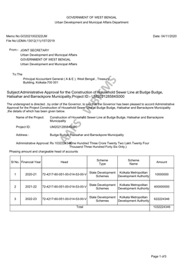 Subject:Administrative Approval for the Construction of Household Sewer Line at Budge Budge, Halisahar and Barrackpore Municipality,Project ID:- UM202128584S000