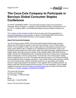 The Coca-Cola Company to Participate in Barclays Global Consumer Staples Conference