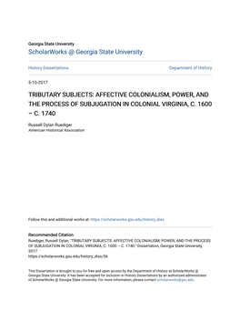Affective Colonialism, Power, and the Process of Subjugation in Colonial Virginia, C