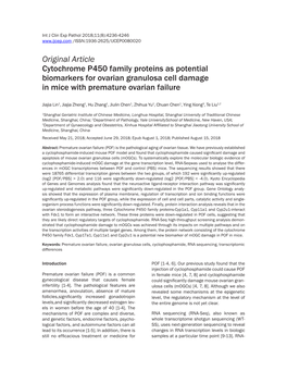 Original Article Cytochrome P450 Family Proteins As Potential Biomarkers for Ovarian Granulosa Cell Damage in Mice with Premature Ovarian Failure