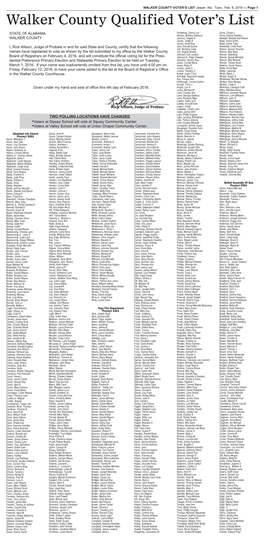 Walker County Qualified Voter's List