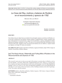 La Casa Del Rey, Molinos Y Batanes De Ruidera En El Reconocimiento Y Aprecio De 1782”