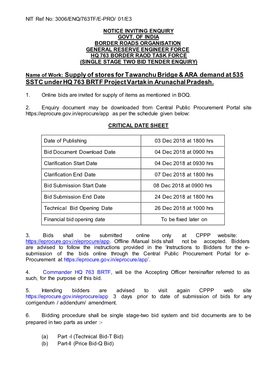 Supply of Stores for Tawanchu Bridge & ARA Demand at 535 SSTC Under