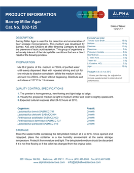 PRODUCT INFORMATION Barney Miller Agar Cat. No. B02-125