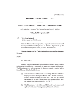 NATIONAL ASSEMBLY SECRETARIAT ———— “QUESTIONS for ORAL ANSWERS and THEIR REPLIES” to Be Asked A