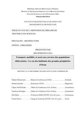 Transport, Mobilité, Et Accès Aux Services Des Populations Défavorisées : Le Cas Des Habitants Des Grandes Périphéries D’Oran