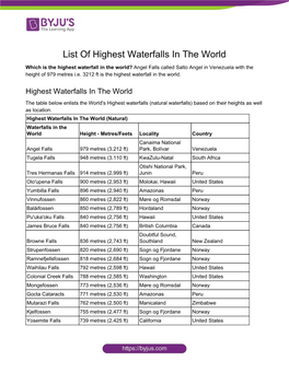 List of Highest Waterfalls in the World