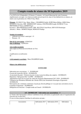 Compte-Rendu De Séance Du 10 Septembre 2019