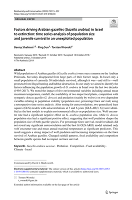 Factors Driving Arabian Gazelles (Gazella Arabica) in Israel to Extinction: Time Series Analysis of Population Size and Juvenile Survival in an Unexploited Population