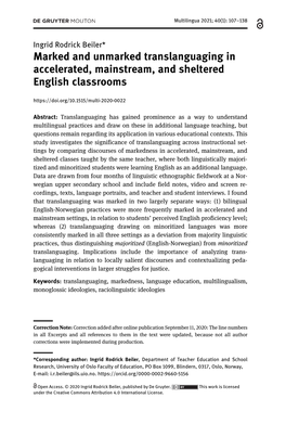 Marked and Unmarked Translanguaging in Accelerated, Mainstream, and Sheltered English Classrooms