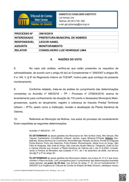 Processo Nº 39810/2019 Interessado Prefeitura Municipal De Nobres Responsável Leocir Hanel Assunto Monitoramento Relator Conselheiro Luiz Henrique Lima