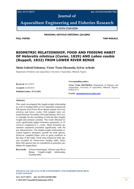 BIOMETRIC RELATIONSHIP, FOOD and FEEDING HABIT of Heterotis Niloticus (Cuvier, 1829) and Labeo Coubie (Ruppell, 1832) from LOWER RIVER BENUE