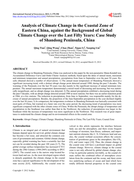 Analysis of Climate Change in the Coastal Zone of Eastern China