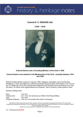 Colonel E. C. DESHON CMG