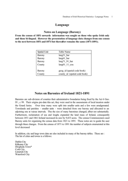 Language Notes on Baronies of Ireland 1821-1891