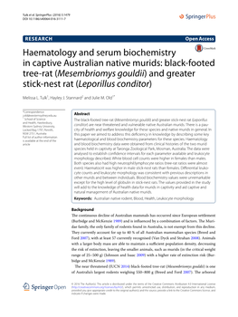 Haematology and Serum Biochemistry in Captive Australian Native Murids: Black‑Footed Tree‑Rat (Mesembriomys Gouldii) and Greater Stick‑Nest Rat (Leporillus Conditor)