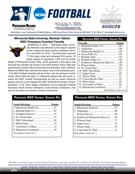 Preseason NSIC Football Coaches Poll NSIC Preseason Coaches’ Favorite Overall Points BURNSVILLE, Minn