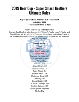 2019 Bear Cup - Super Smash Brothers Ultimate Rules