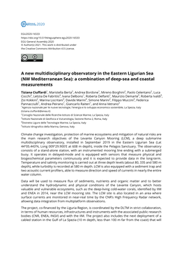 A New Multidisciplinary Observatory in the Eastern Ligurian Sea (NW Mediterranean Sea): a Combination of Deep-Sea and Coastal Measurements