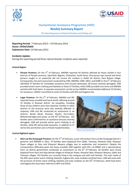 Humanitarian Assistance Programme (HAP) Weekly Summary Report