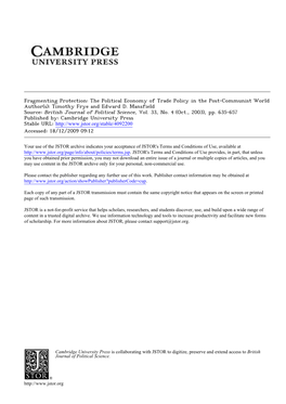 Fragmenting Protection: the Political Economy of Trade Policy in the Post-Communist World Author(S): Timothy Frye and Edward D