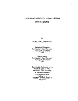 FEMALE UTOPIAS BEFORE HERLAND by PAMELA TALLEY STINSON Bachelor of Education Northeastern State Universi