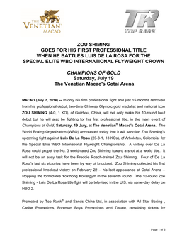 Zou Shiming Goes for His First Professional Title When He Battles Luis De La Rosa for the Special Elite Wbo International Flyweight Crown