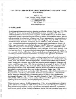 STREAM SALAMANDER MONITORING: NORTHEAST REFUGES and PARKS SUMMER 2003 I I Robin E