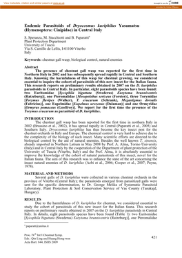 Endemic Parasitoids of Dryocosmus Kuriphilus Yasumatsu (Hymenoptera: Cinipidae) in Central Italy