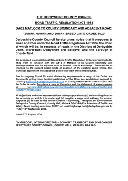 A632 Matlock to County Boundary Draft Speed Limit Order