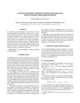 Context Dependent Phonetic String Edit Distance for Automatic Speech Recognition