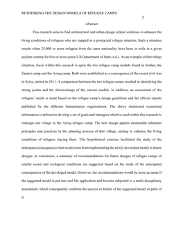 RETHINKING the DESIGN MODELS of REFUGEE CAMPS 2 Abstract