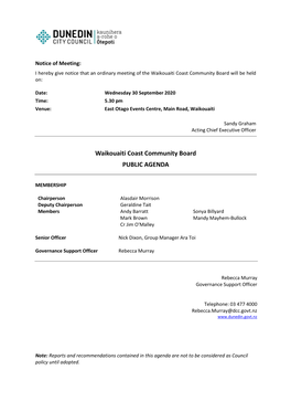 Agenda of Waikouaiti Coast Community Board