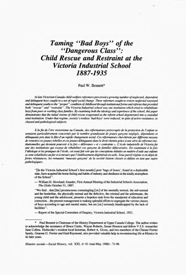 Taming "Bad Boys" of the "Dangerous Class": Child Rescue and Restraint at the Victoria Industrial School 1887-1935