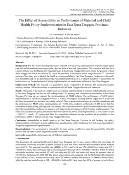 The Effect of Accessibility on Performance of Maternal and Child Health Policy Implementation in East Nusa Tenggara Province, Indonesia