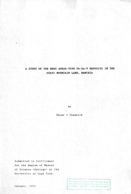A STUDY of the BERG AUKAS-TYPE Pb-Zn-V DEPOSITS in the OTAVI MOUNTAIN LAND, NAMIBIA