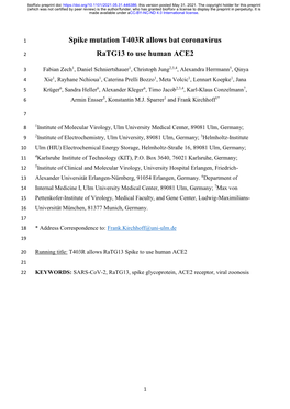 Spike Mutation T403R Allows Bat Coronavirus Ratg13 to Use Human