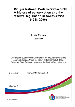 Kruger National Park River Research: a History of Conservation and the ‘Reserve’ Legislation in South Africa (1988-2000)