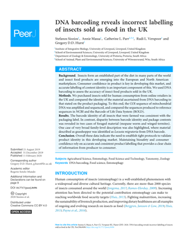 DNA Barcoding Reveals Incorrect Labelling of Insects Sold As Food in the UK