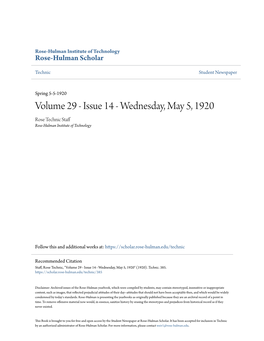 Volume 29 - Issue 14 - Wednesday, May 5, 1920 Rose Technic Staff Rose-Hulman Institute of Technology