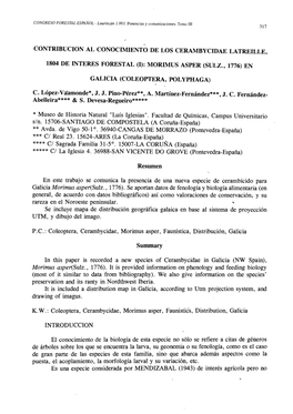 Contribucion Al Conocimiento De Los Cerambycidae Latreille, 1804 De Interes Forestal (1): Morimus Asper (Sulz., 1776) En Galicia