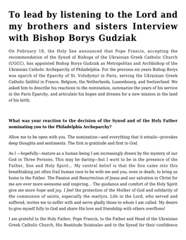 To Lead by Listening to the Lord and My Brothers and Sisters Interview with Bishop Borys Gudziak