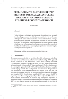 Public-Private Partnership (Ppp) Projects for Malaysian Tolled Highways – an Insight Using a Political Economy Approach