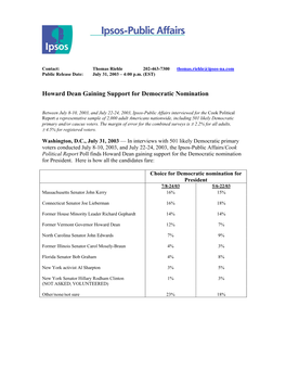 Howard Dean Gaining Support for Democratic Nomination