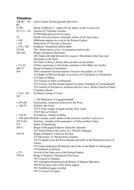 Timeline 100 BC ‒ 44 Julius Caesar, Roman General and Writer BC 27 BC Death of Marcus T., Author on the Affairs of the Countryside 55-117 C.120 Tacitus (P