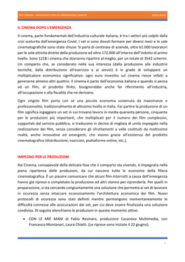 Rai Cinema – Intervento Per La Commissione Senato 02/07/2020