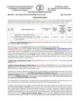 EASTERN COALFIELDS LIMITED BANKOLA AREA (A Subsidiary of Coal India Limited) PO – Bankola Area, Dist: Burdwan