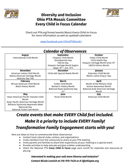 Diversity and Inclusion Ohio PTA Mosaic Committee Every Child in Focus Calendar