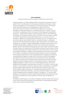 ARS ET INGENIUM Toward Leonardo Da Vinci's Legacy of Similitude and Invention Looking Forward to Commemorating the Fifth Cente